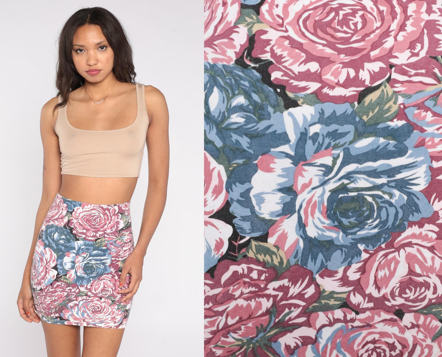 90s Express Floral Mini Skirt Rose Print Pink Blue High Waist Small S
