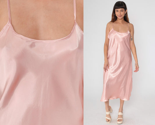 90s California Dynasty Pink Satin Slip Dress Maxi Spaghetti Strap Large L