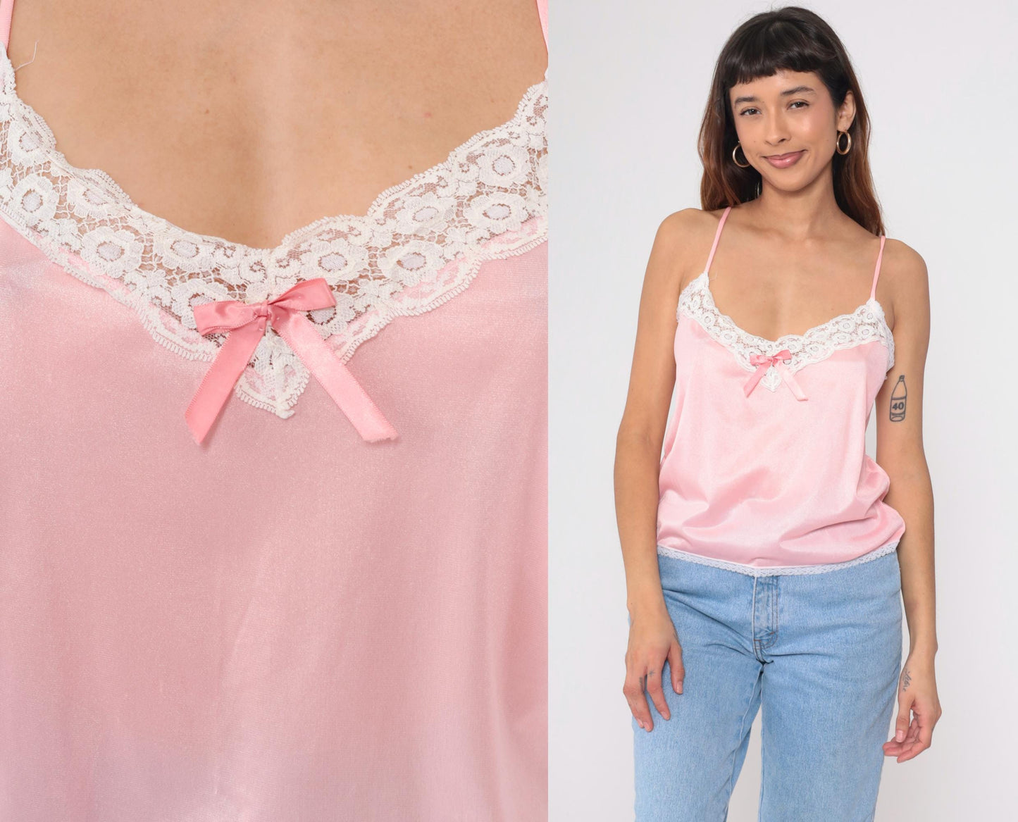 80s Pink Satin Camisole Nylon Lace Trim Bow Tank Medium