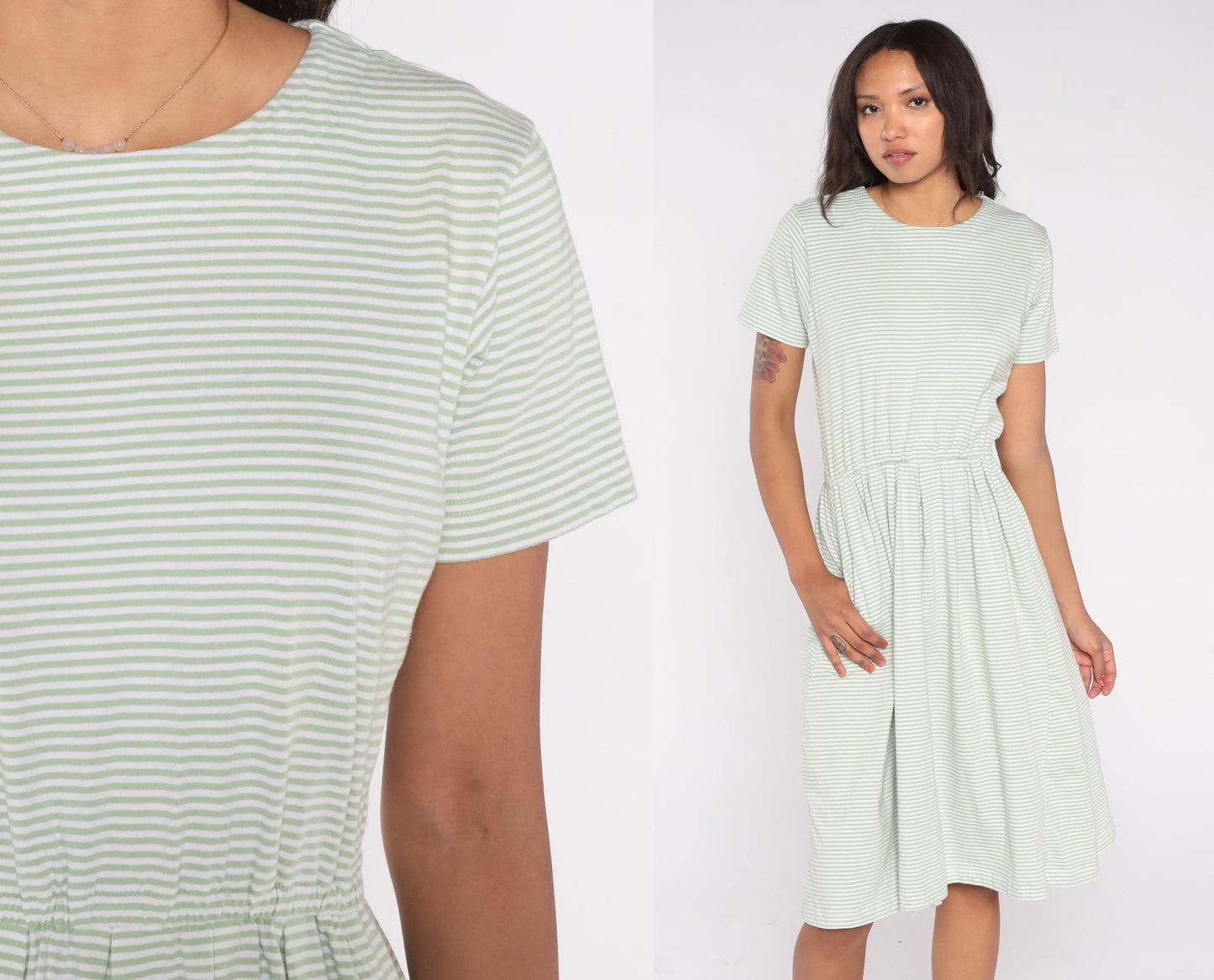 80s Herman Geist Mint Striped Cotton Dress Elastic Waist Button Back Small