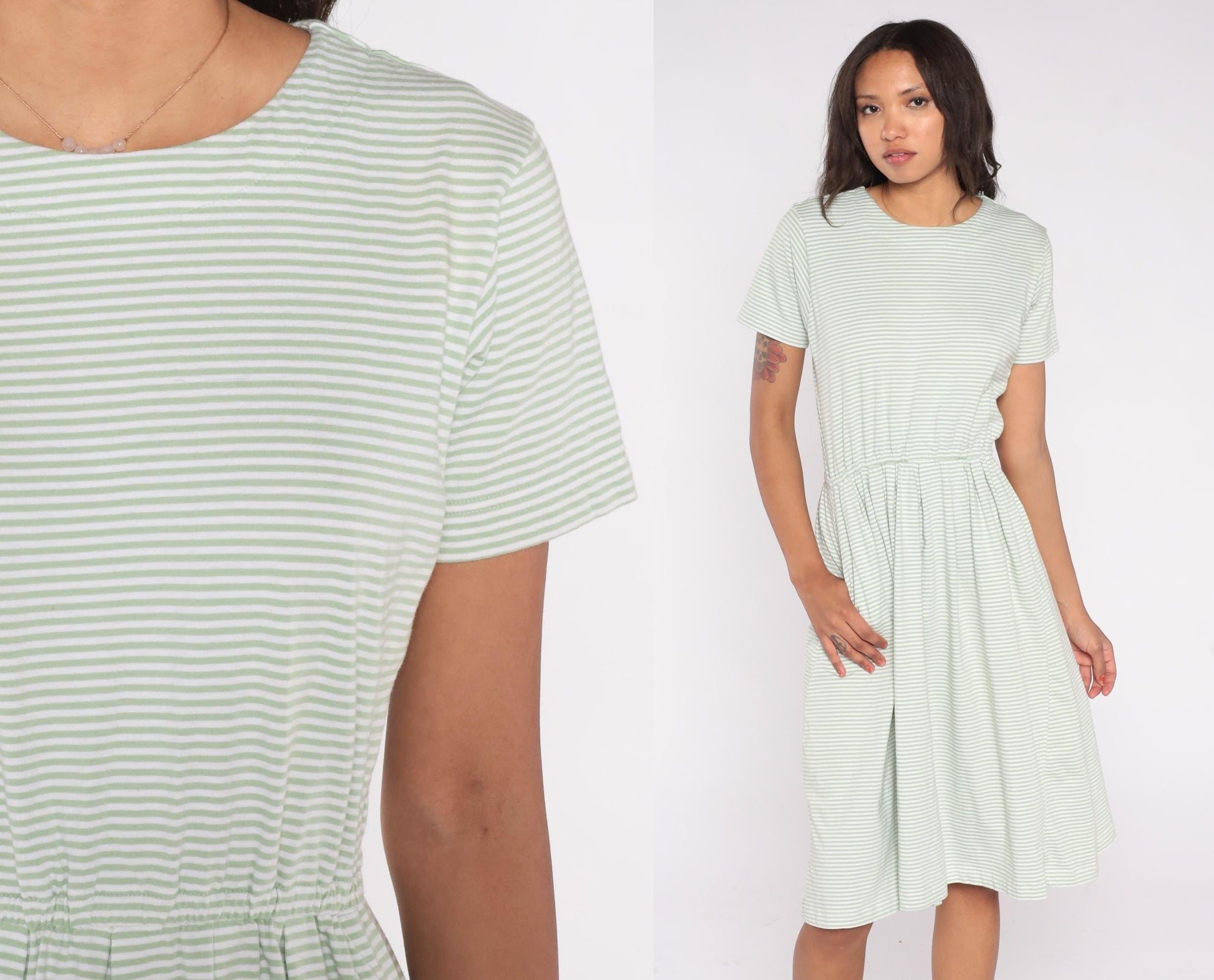 80s Herman Geist Mint Striped Cotton Dress Elastic Waist Button Back Small