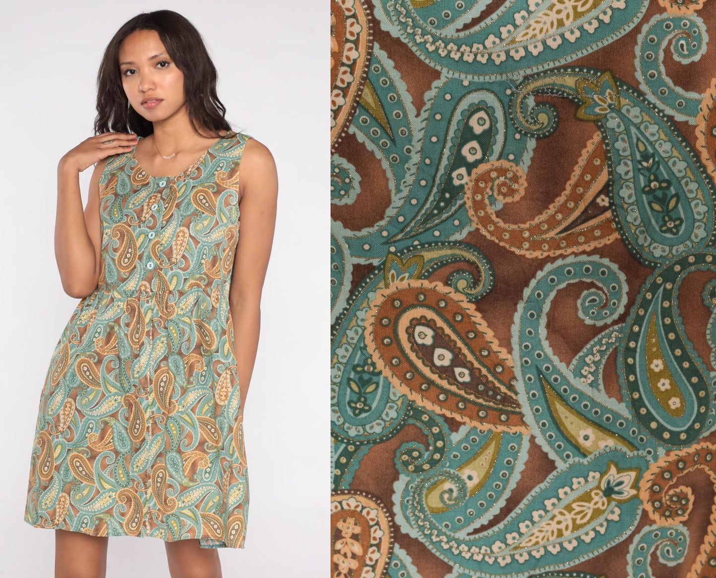 90s Paisley Mini Dress Brown Teal Gold Button Front Scoop Neck Medium M