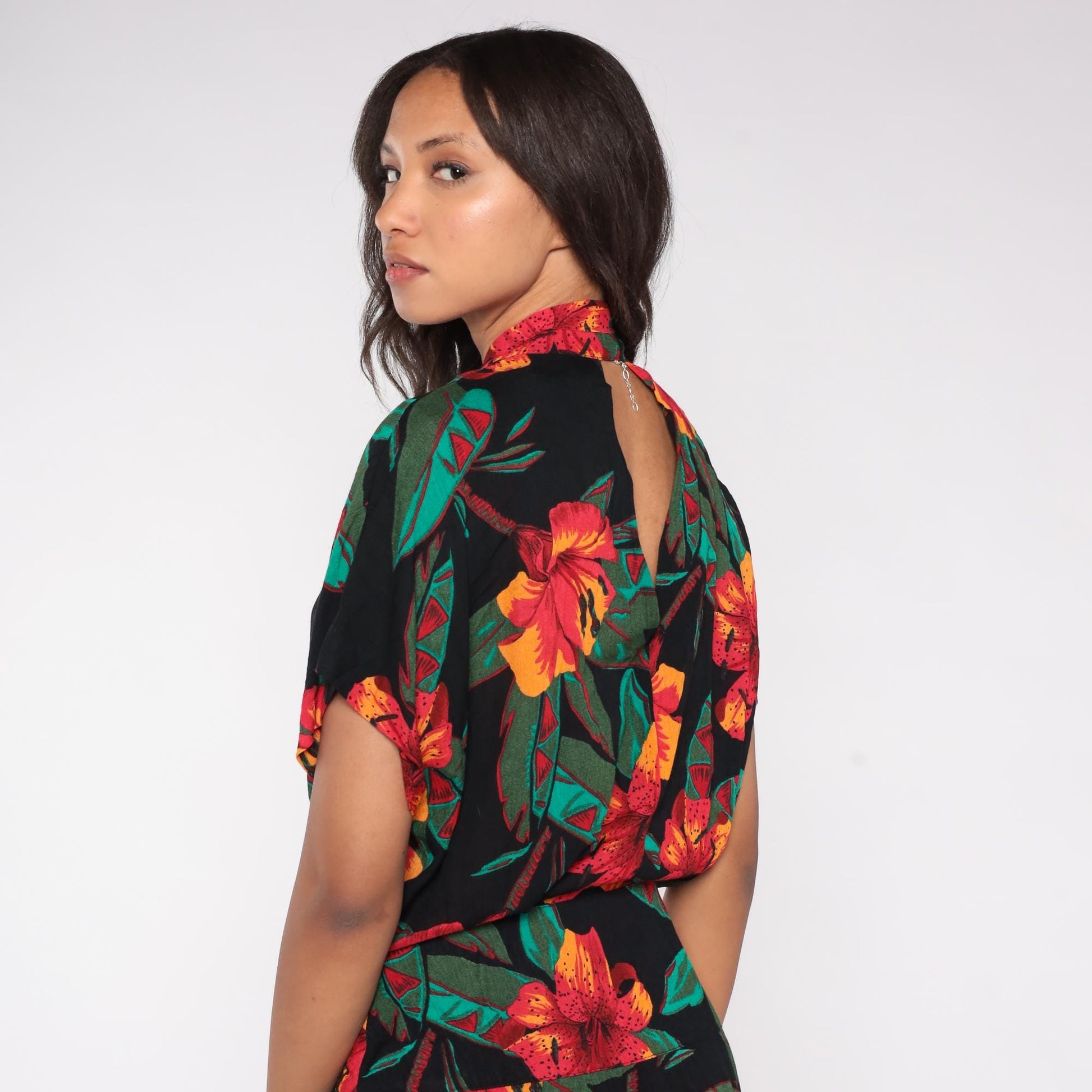 90s Casual Corner Tropical Floral Midi Wrap Dress Black Red Orange Green Medium