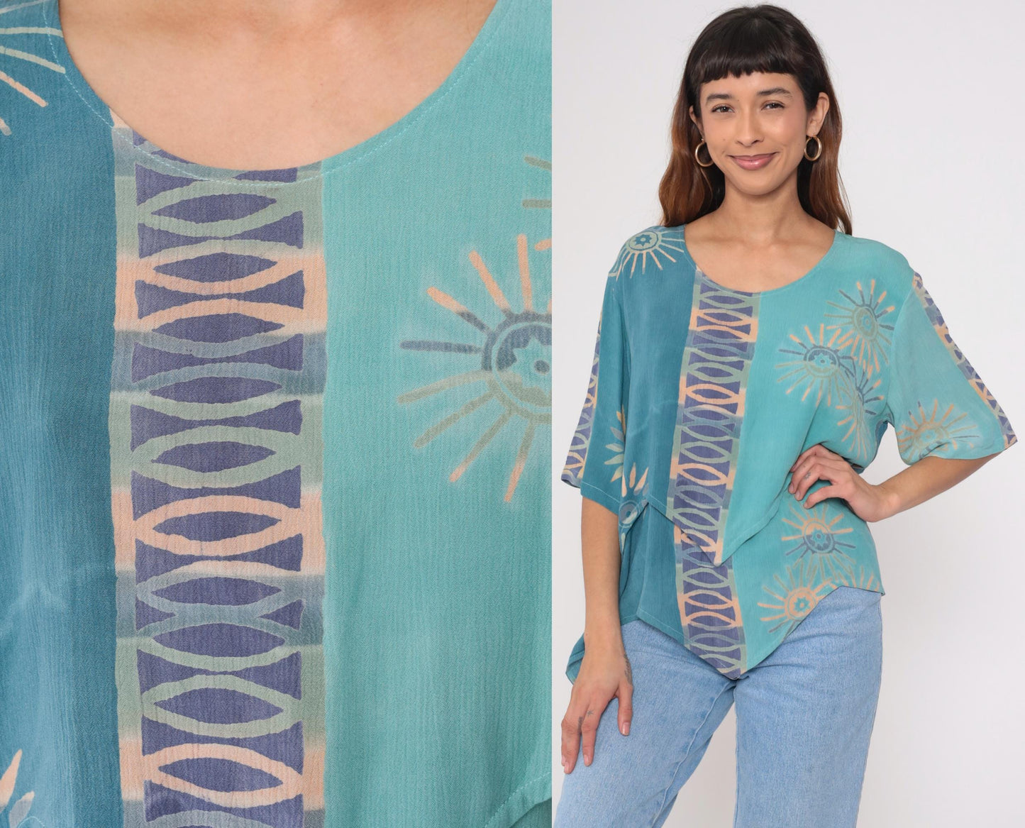 Y2K Silver Stream Teal Sun Print Asymmetric Layered Blouse Extra Large XL