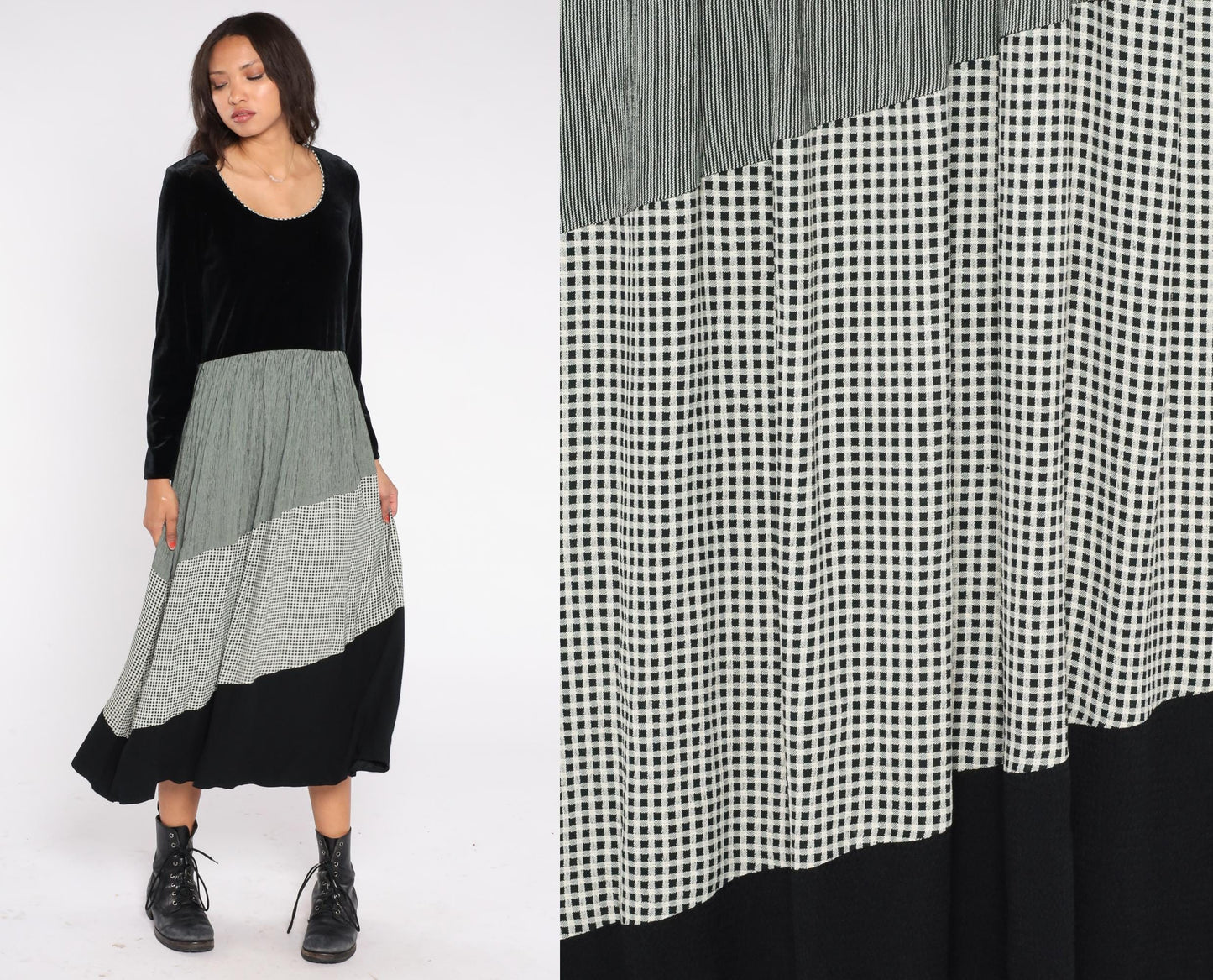 90s Jeffrey & Dara Velvet Gingham Midi Dress Black Green Pleated Long Sleeve Medium