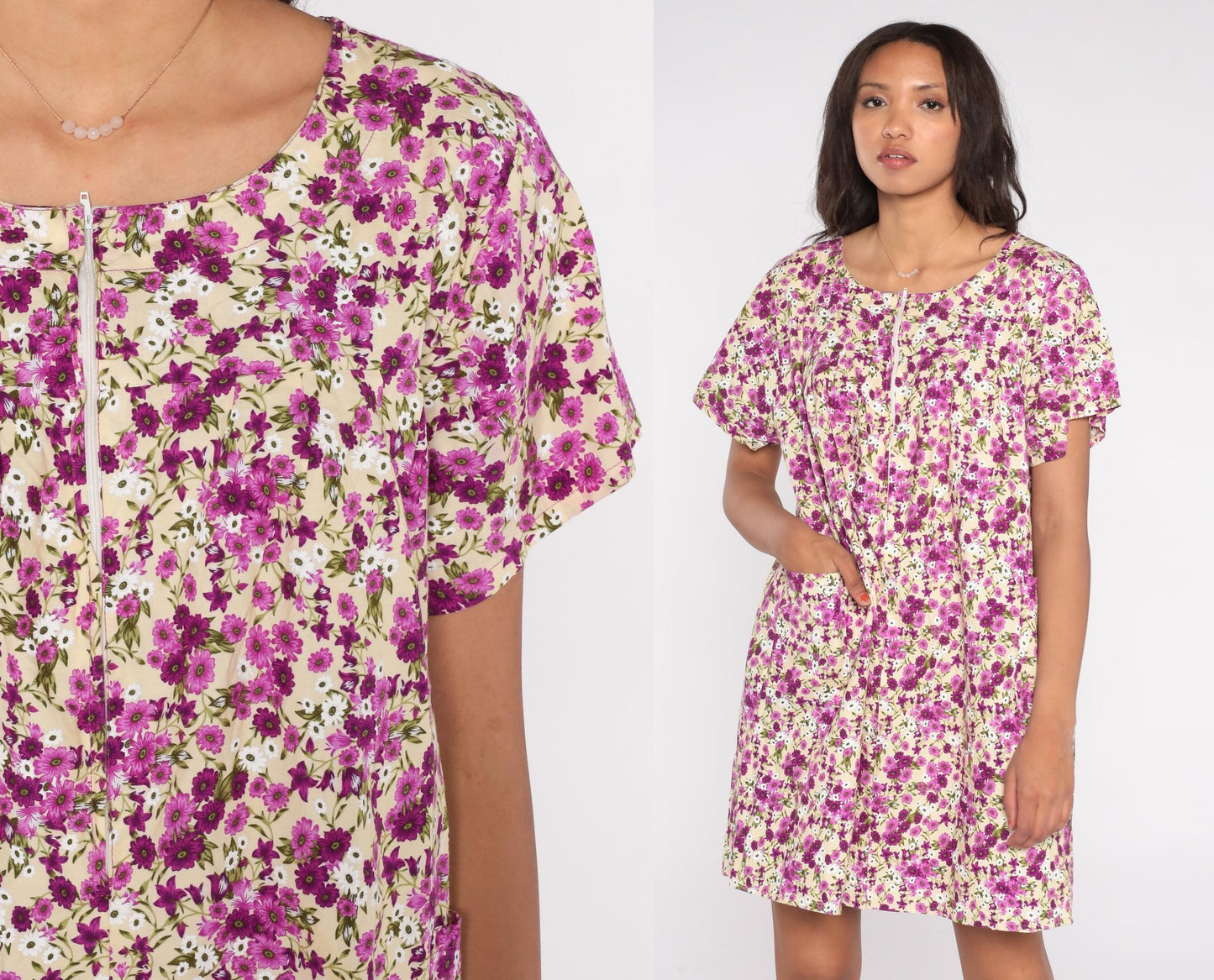 90s JTP Ditsy Floral Zip Front Dress Purple Rayon Knee Length Medium Large