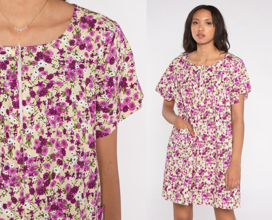 90s JTP Ditsy Floral Zip Front Dress Purple Rayon Knee Length Medium Large