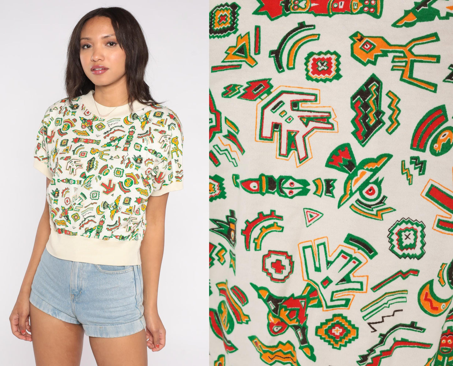 90s Haida Eagle Totem Pole Abstract Graphic Cotton Knit Shirt Cream Small