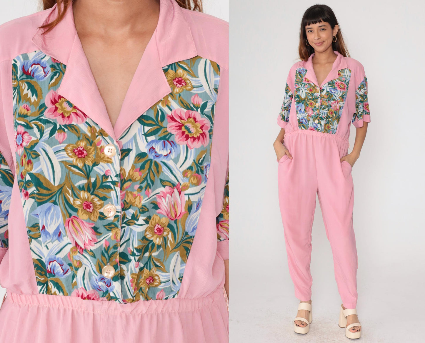 90s Pink Floral Jumpsuit Adolfo II Button Up Collared Tapered Medium