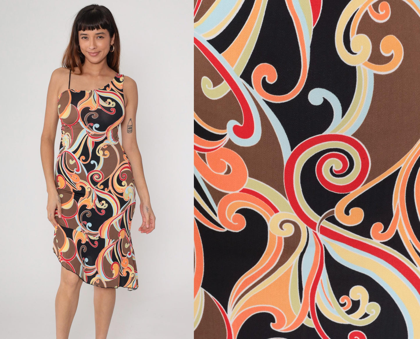 Y2K California Grown Asymmetrical Dress Swirl Print One-Shoulder Small S