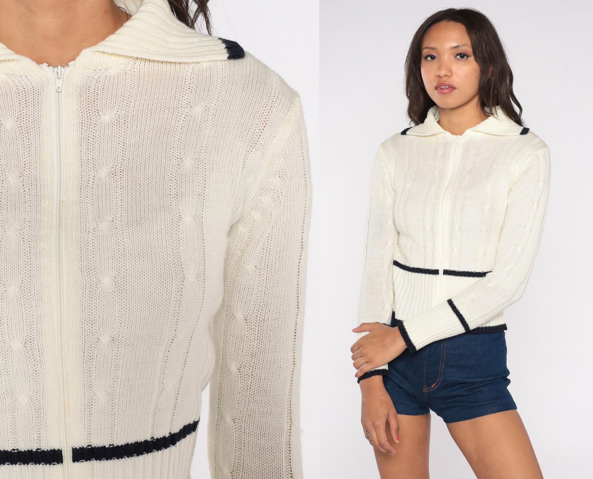 70s White Cable Knit Zip Cardigan Black Trim Collared Small