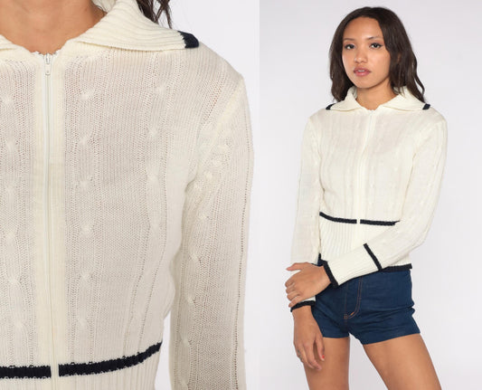 70s White Cable Knit Zip Cardigan Black Trim Collared Small