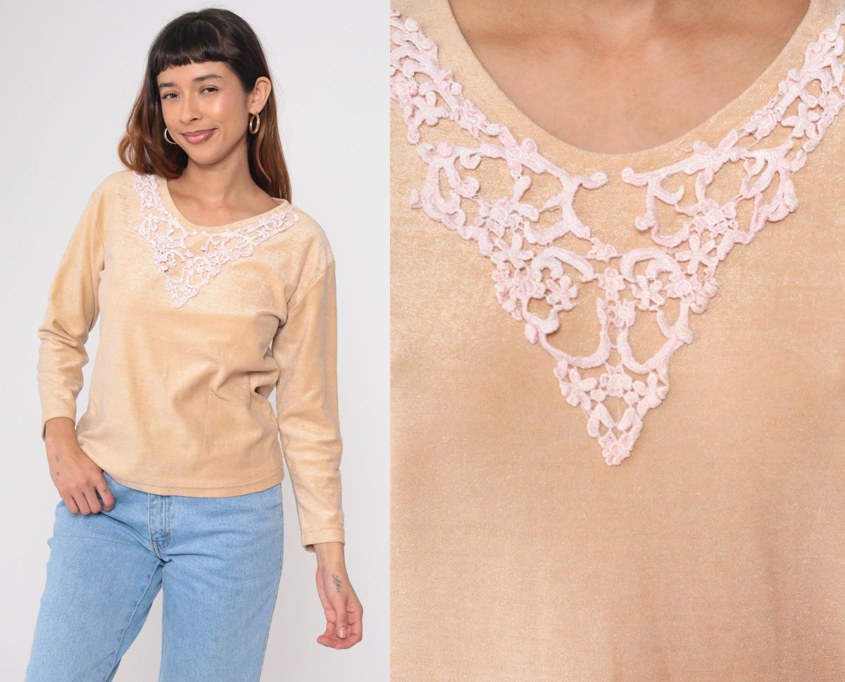 70s Cream Lace Appliqué Pullover Sweater Pink Detail Round Neck Medium M