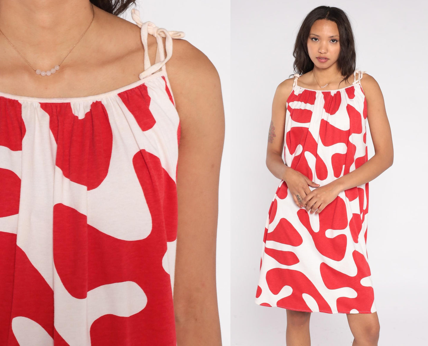 80s Abstract Red White Midi Dress Tie Shoulder Trapeze Sleeveless Small