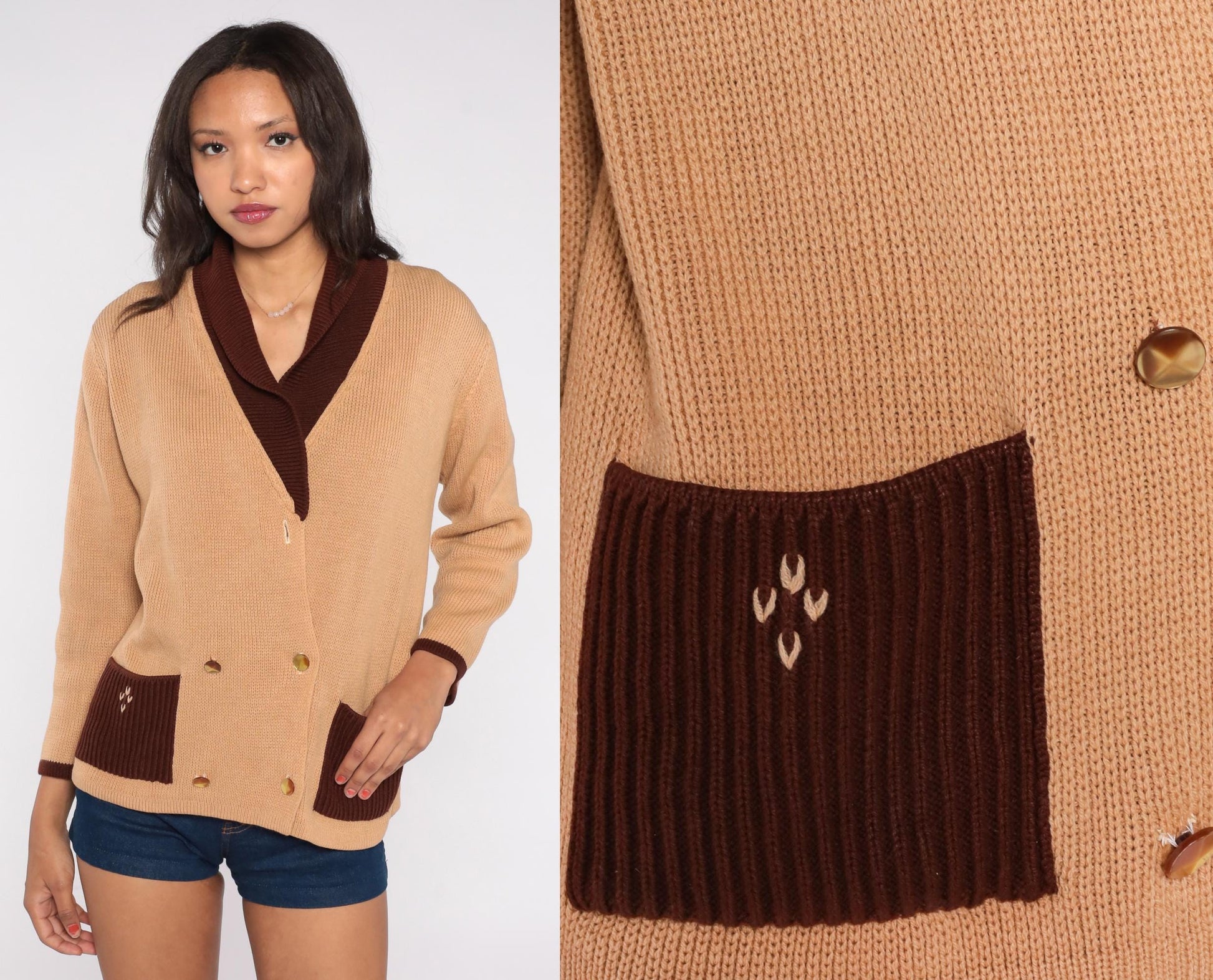 70s Camel Cardigan Shawl Collar Embroidered Pockets Brown Trim Medium
