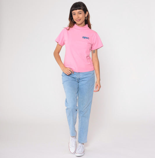 90s Punyus Y2K Pink Cotton Mock Neck Tee Japanese Brand Medium M