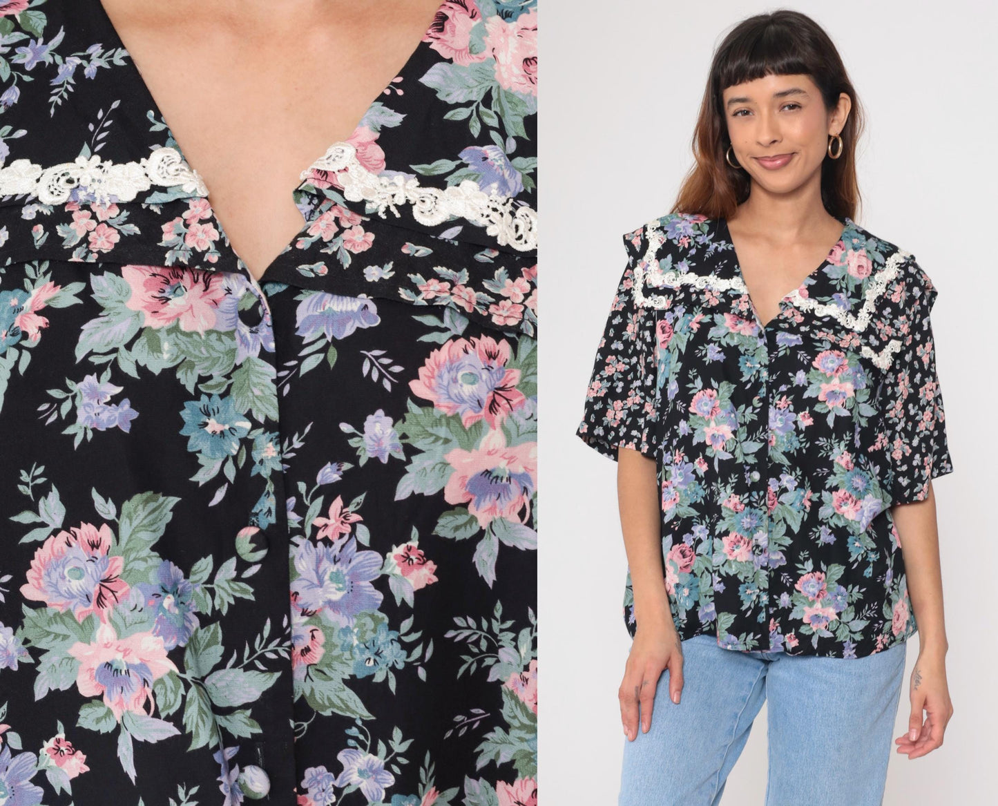 90s Liz Baker Floral Button Up Blouse Black Rayon Pink Purple Flowers Lace Collar Plus Size 20
