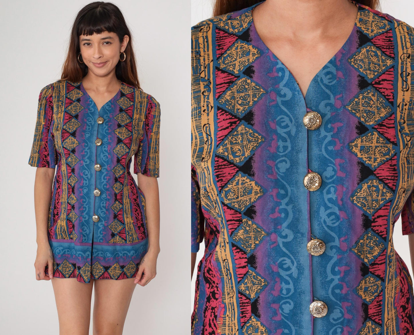 90s Tribal Geometric Mini Dress Blue Pink Gold Button Front Short Sleeve Medium