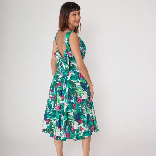 80s All That Jazz Tropical Floral Midi Dress Green Pink Open Back Small