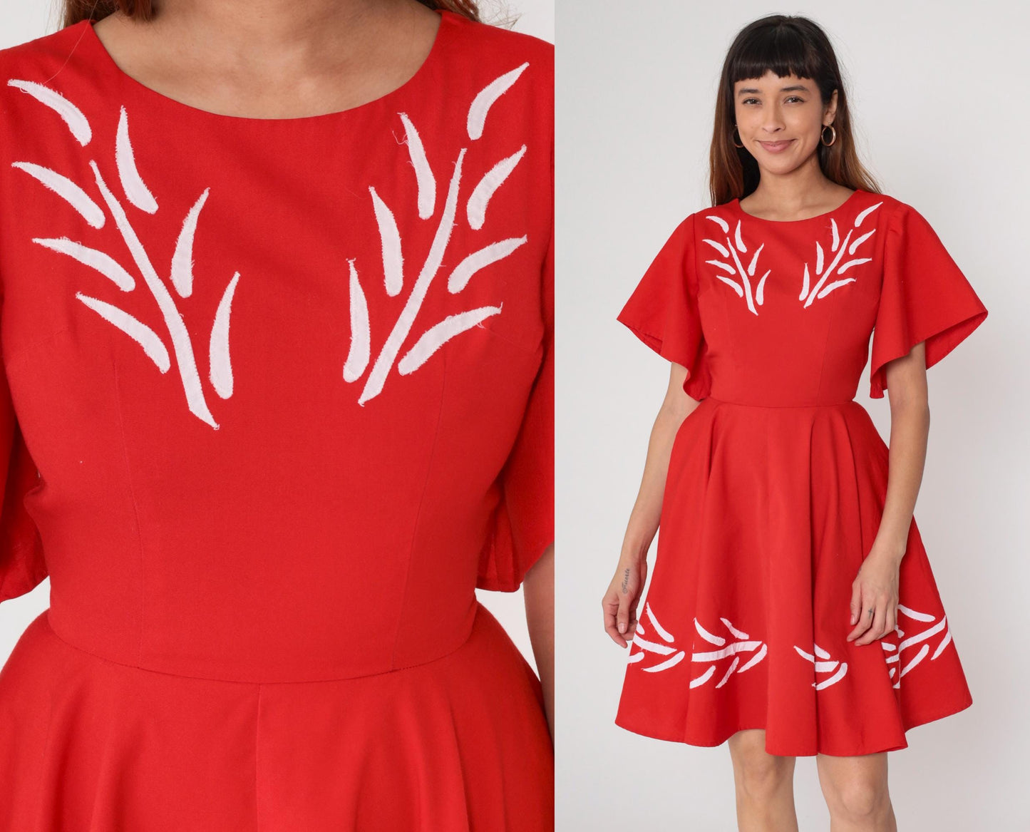 60s Red Mini Dress White Embroidery Flutter Sleeve Fit Flare Cotton Small