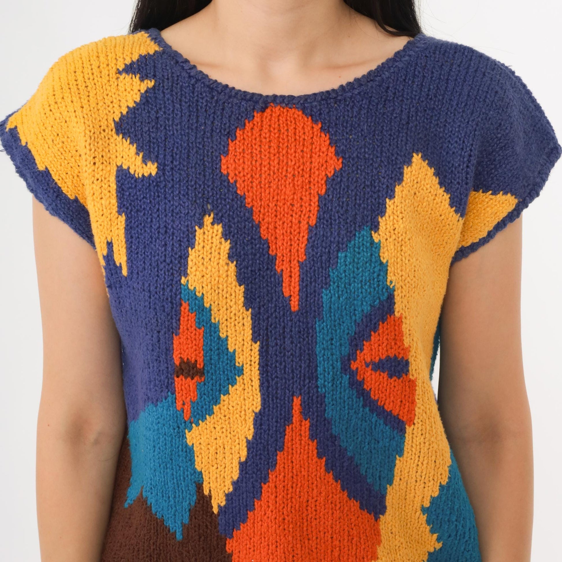80s Jeanne Pierre Abstract Geometric Knit Vest Cap Sleeve Colorblock Medium