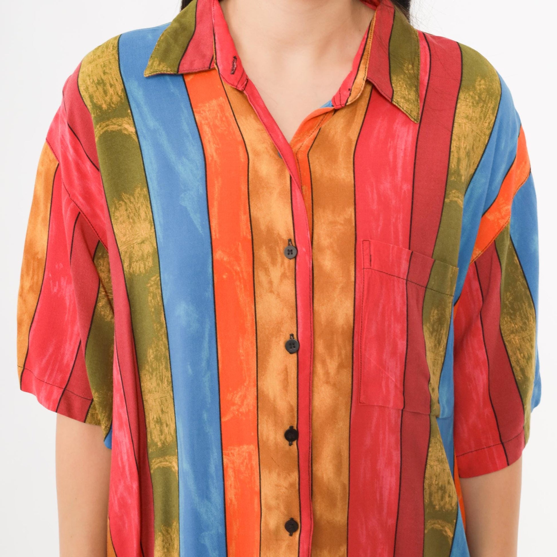 90s First Class Striped Button Down Shirt Rayon Multicolor Short Sleeve Large L