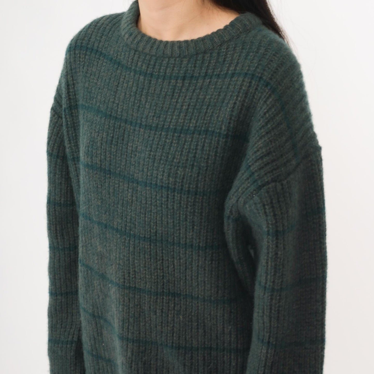 80s Fieldgear Wool Sweater Dark Teal Horizontal Stripe Ribbed Knit Extra Large XL
