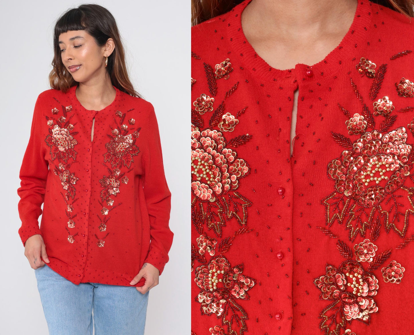 90s Red Beaded Floral Cardigan Wool Angora Blend Button Up Sequin Knitwear Large L