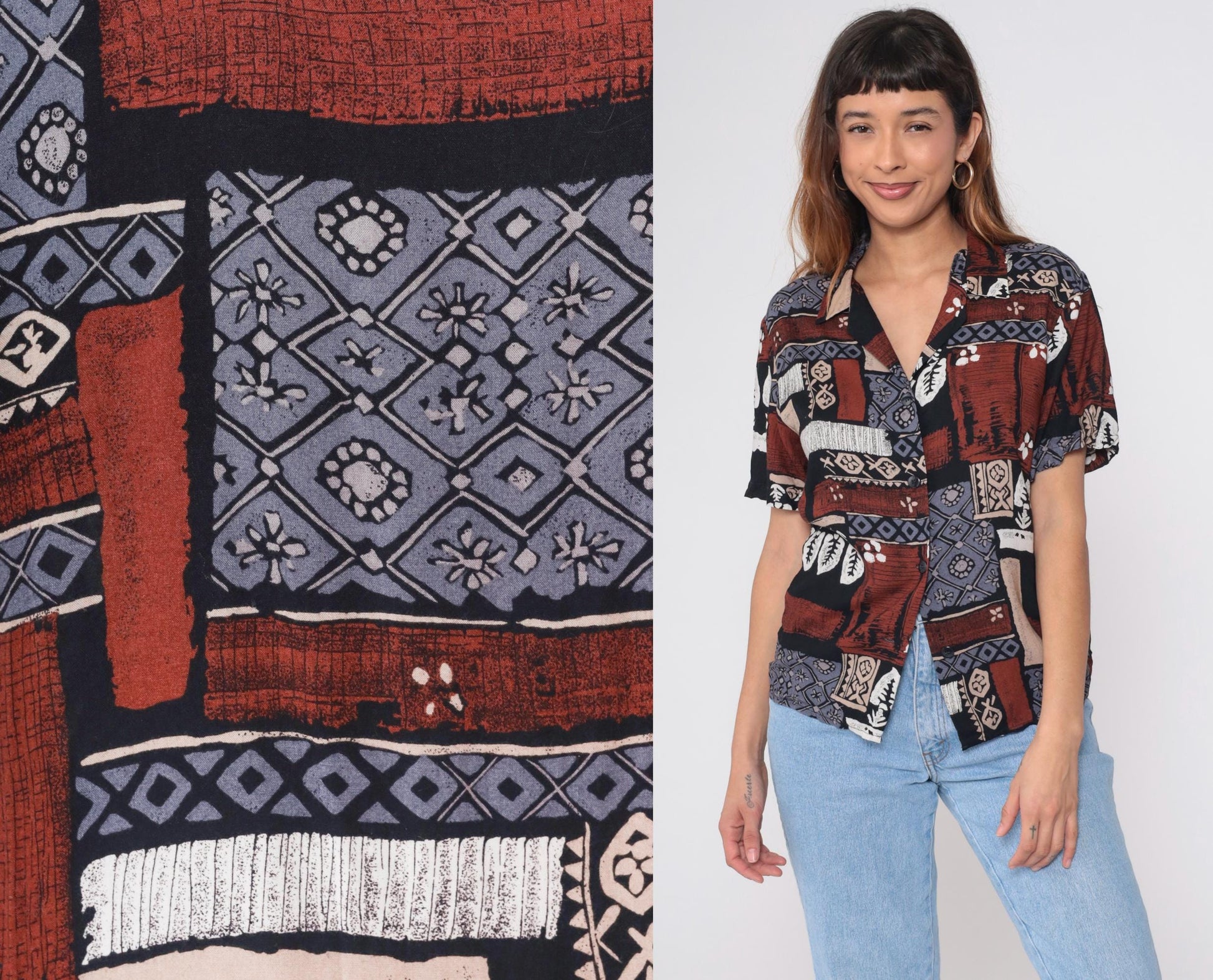 90s Radcliffe Batik Geometric Print Button Blouse Rust Blue Black Medium M
