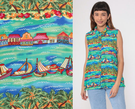 90s Caribou Tropical Island Sleeveless Shirt Teal Sailing Boat Print Extra Large