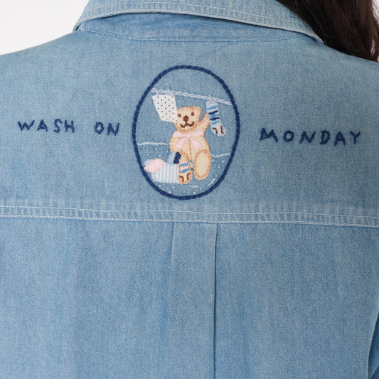 90s Gardy Teddy Bear Laundry Day Denim Shirt Blue Chambray Medium M