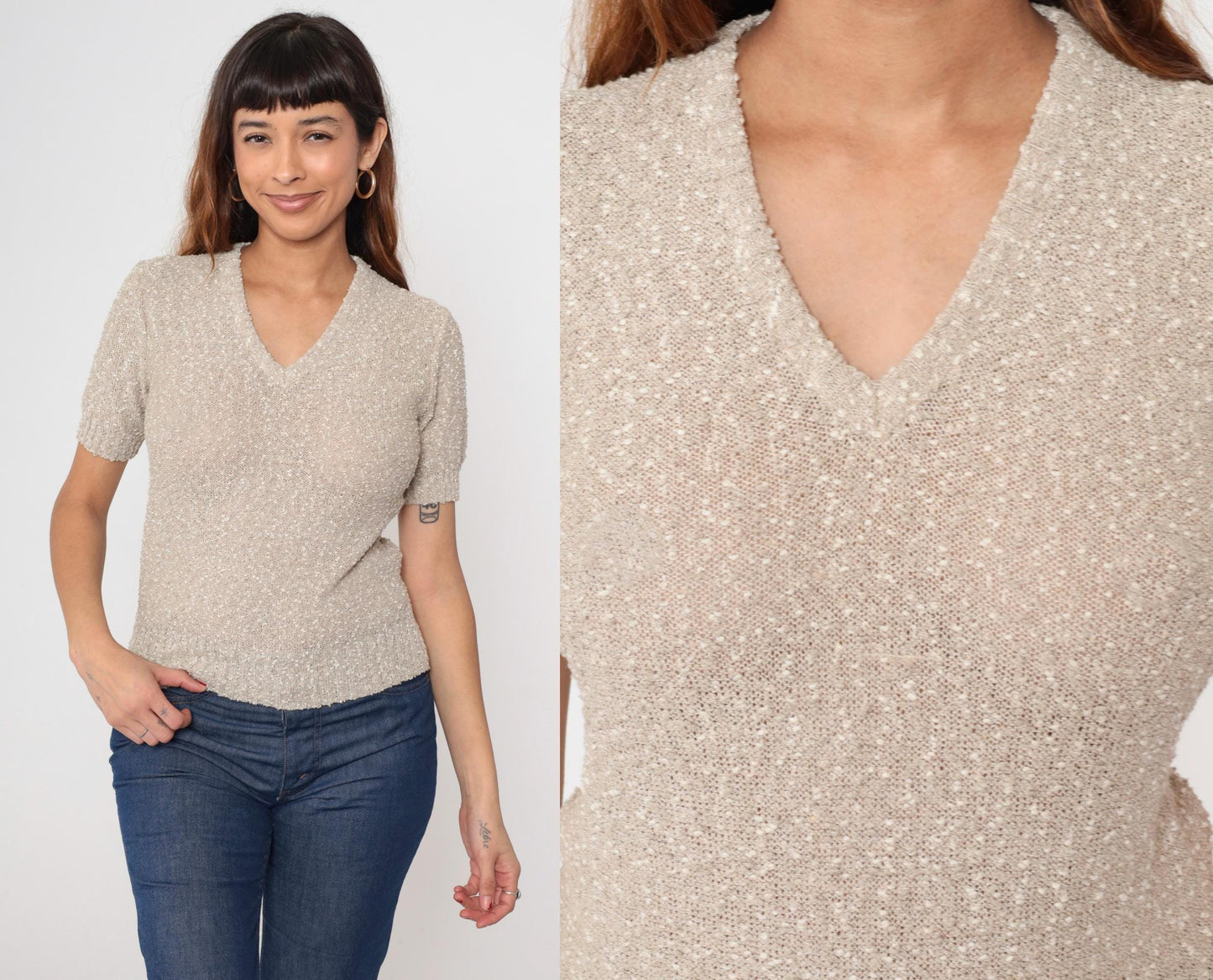 70s Beige Boucle Knit Top V-Neck Puff Sleeve Textured Fitted Small