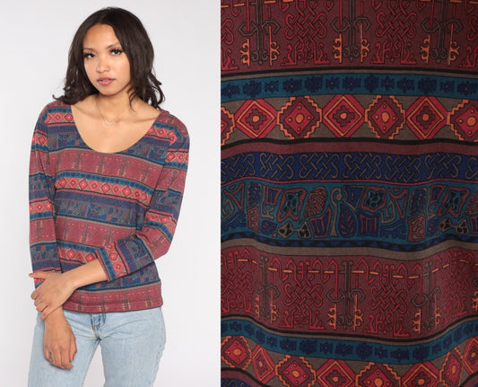 90s Chicos Design Southwestern Tribal Print Top Burgundy Navy Cotton Small