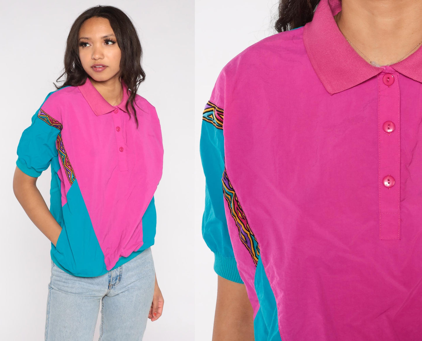 90s Lavon Color Block Polo Hot Pink Teal Nylon Short Sleeve Medium M