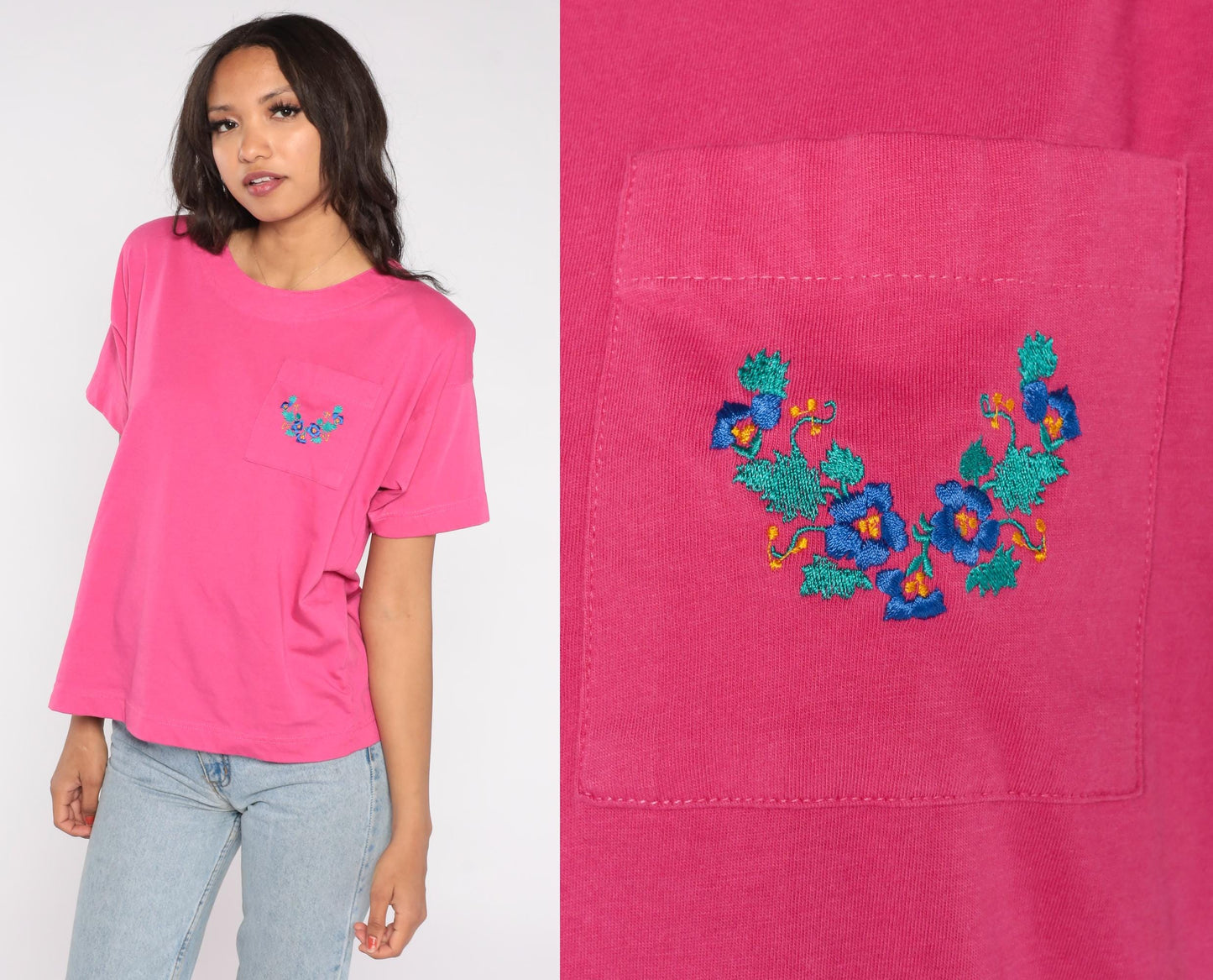 90s Colter Bay Sport Hot Pink T-Shirt Floral Embroidered Pocket Tee Large L