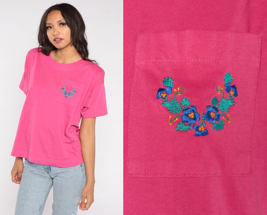 90s Colter Bay Sport Hot Pink T-Shirt Floral Embroidered Pocket Tee Large L