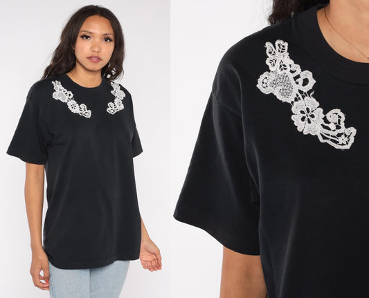90s Screen Stars Best Black Lace Applique Crew Neck Tee Large L