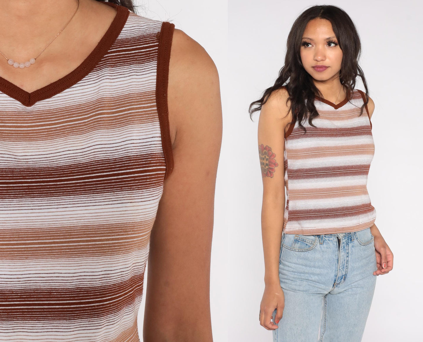 70s Brown Striped Tank Top V Neck Knit Fitted Shirt Small S