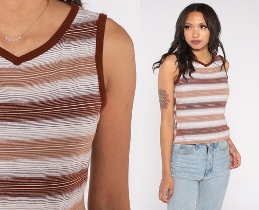 70s Brown Striped Tank Top V Neck Knit Fitted Shirt Small S