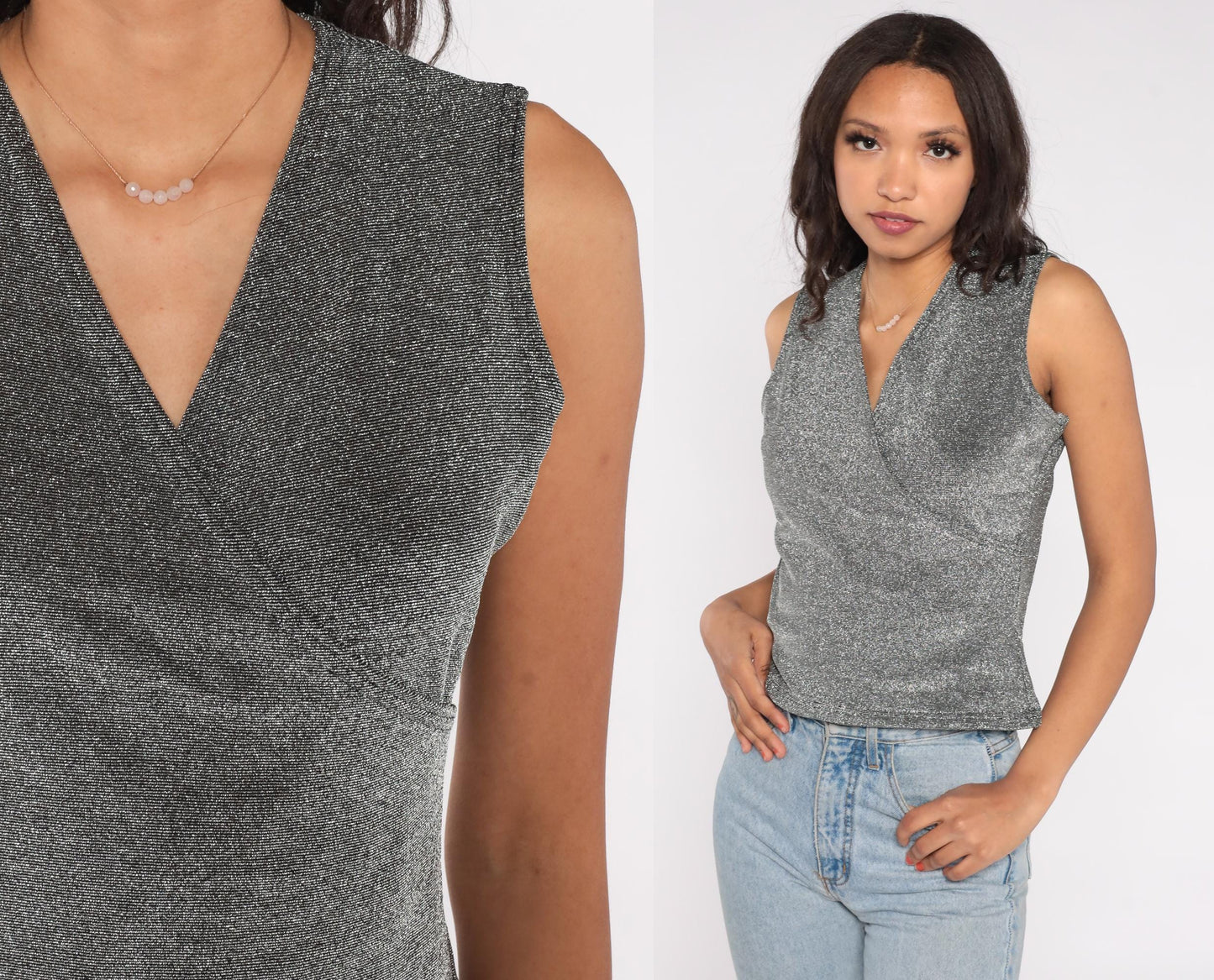 90s Jaipur Metallic Silver Wrap Tank Top Sparkle Lurex Large L