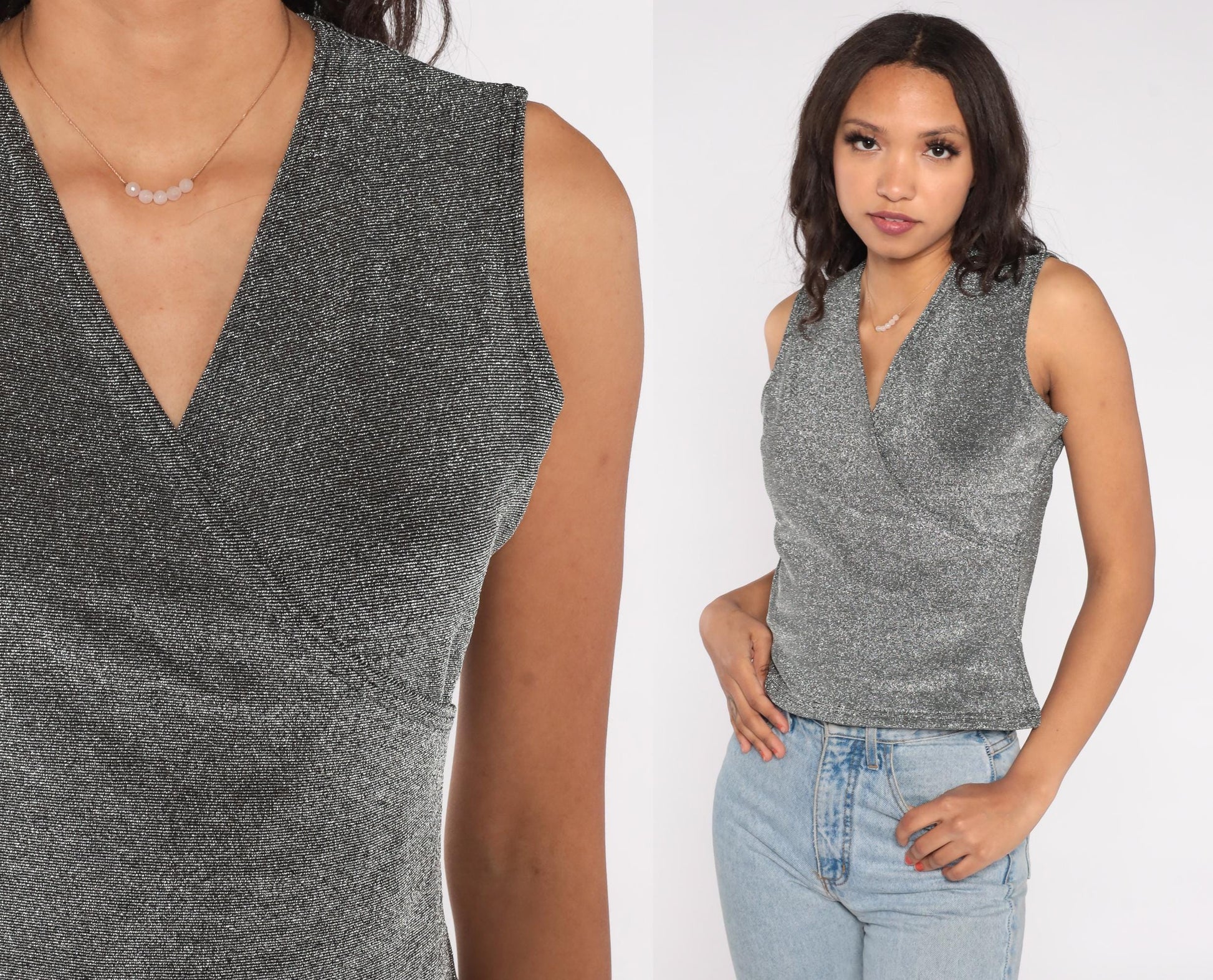 90s Jaipur Metallic Silver Wrap Tank Top Sparkle Lurex Large L