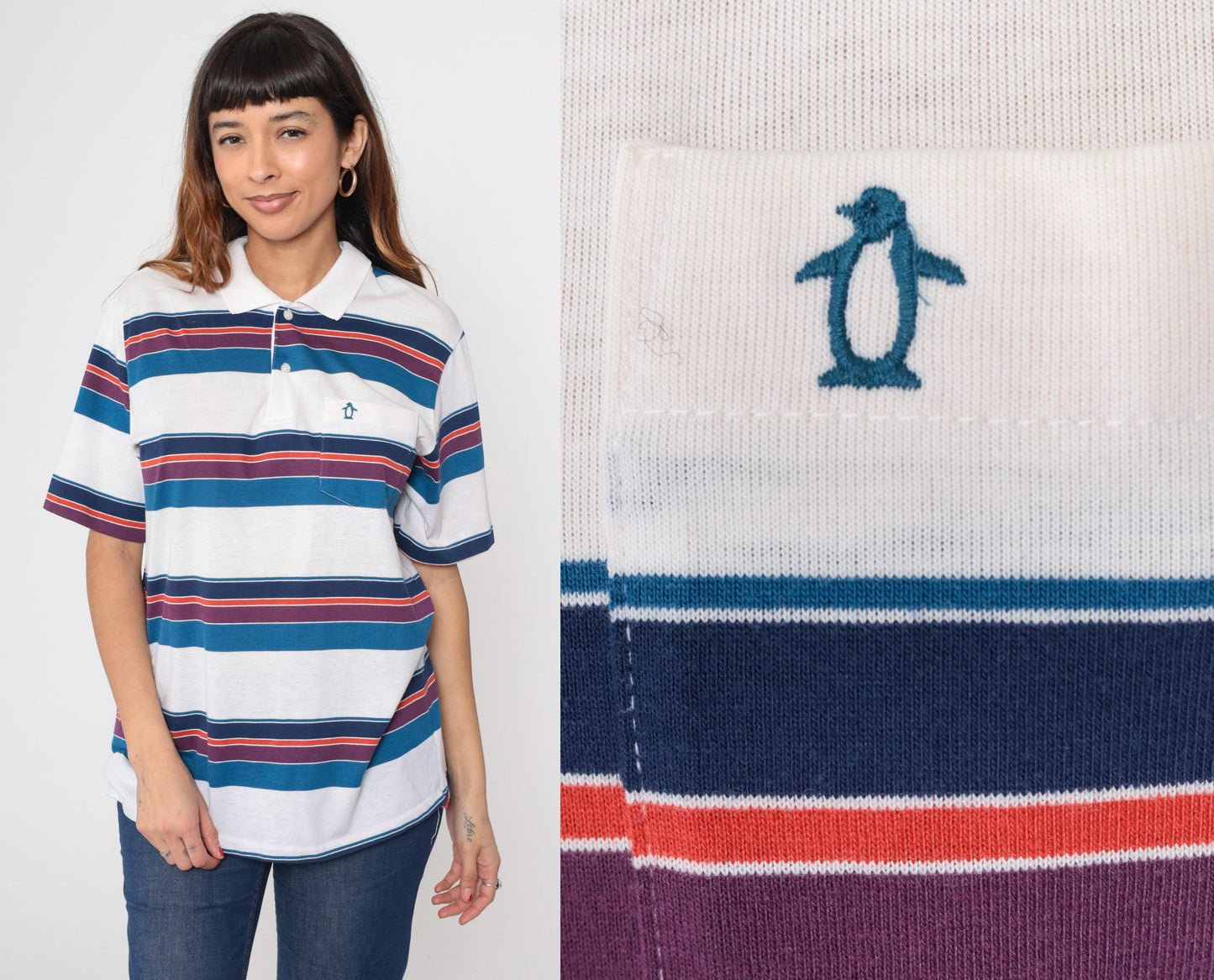 90s Penguin Club Striped Polo Shirt White Blue Purple Men's Large