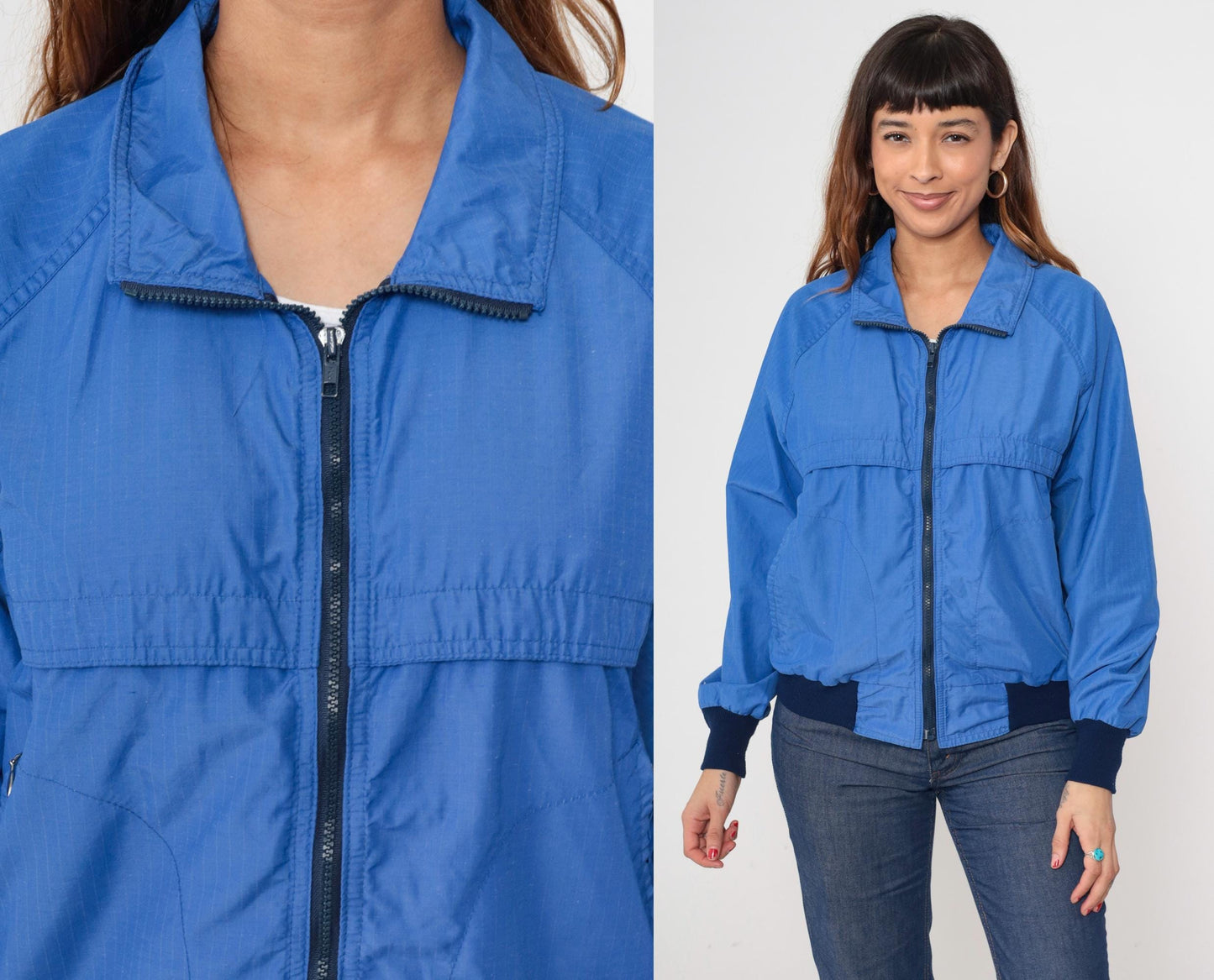 80s Royal Blue Windbreaker Jacket Raglan Sleeve Zip Up Medium M
