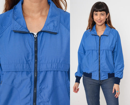 80s Royal Blue Windbreaker Jacket Raglan Sleeve Zip Up Medium M