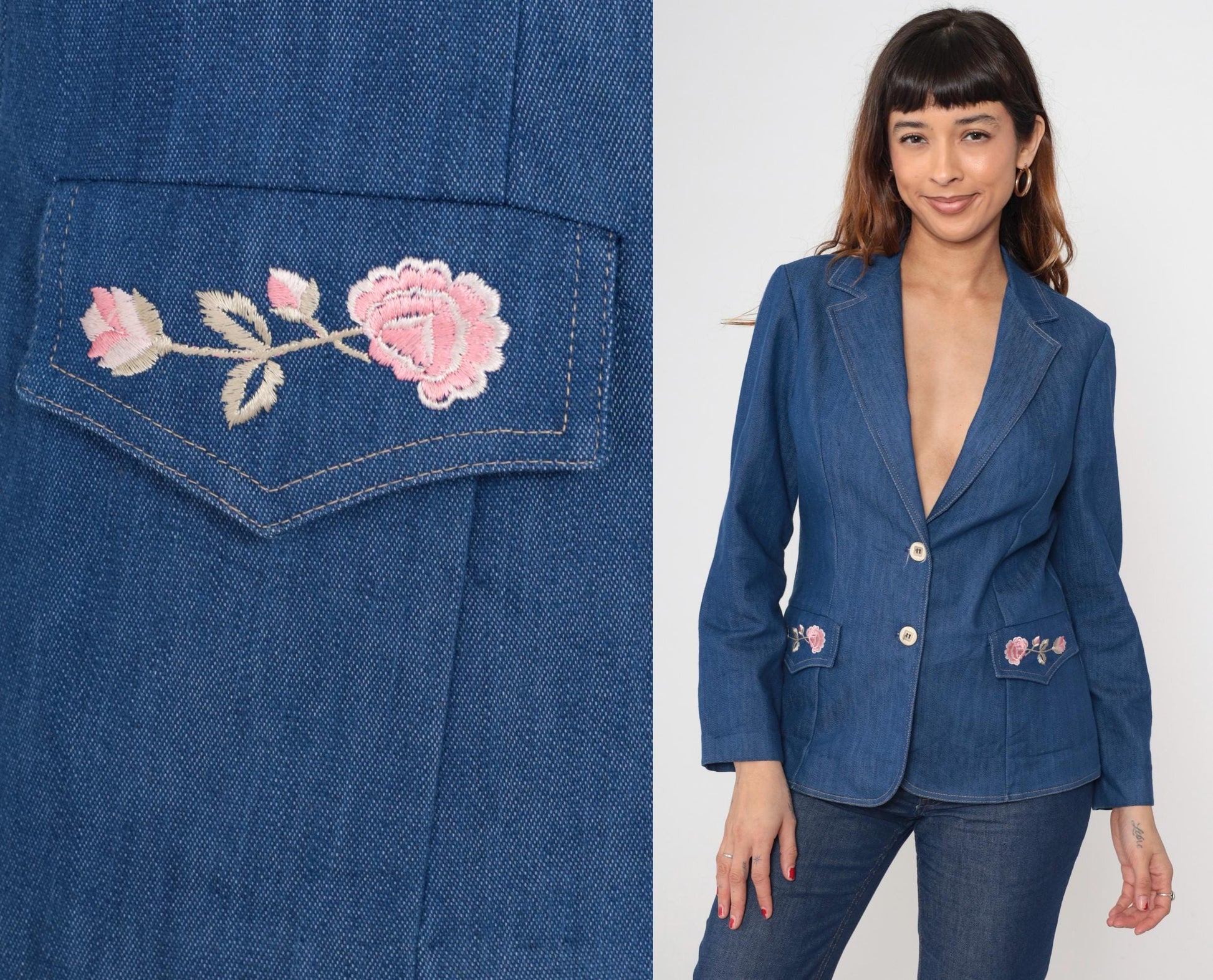 70s Embroidered Denim Blazer Pink Rose Floral Blue Jean Jacket Medium M