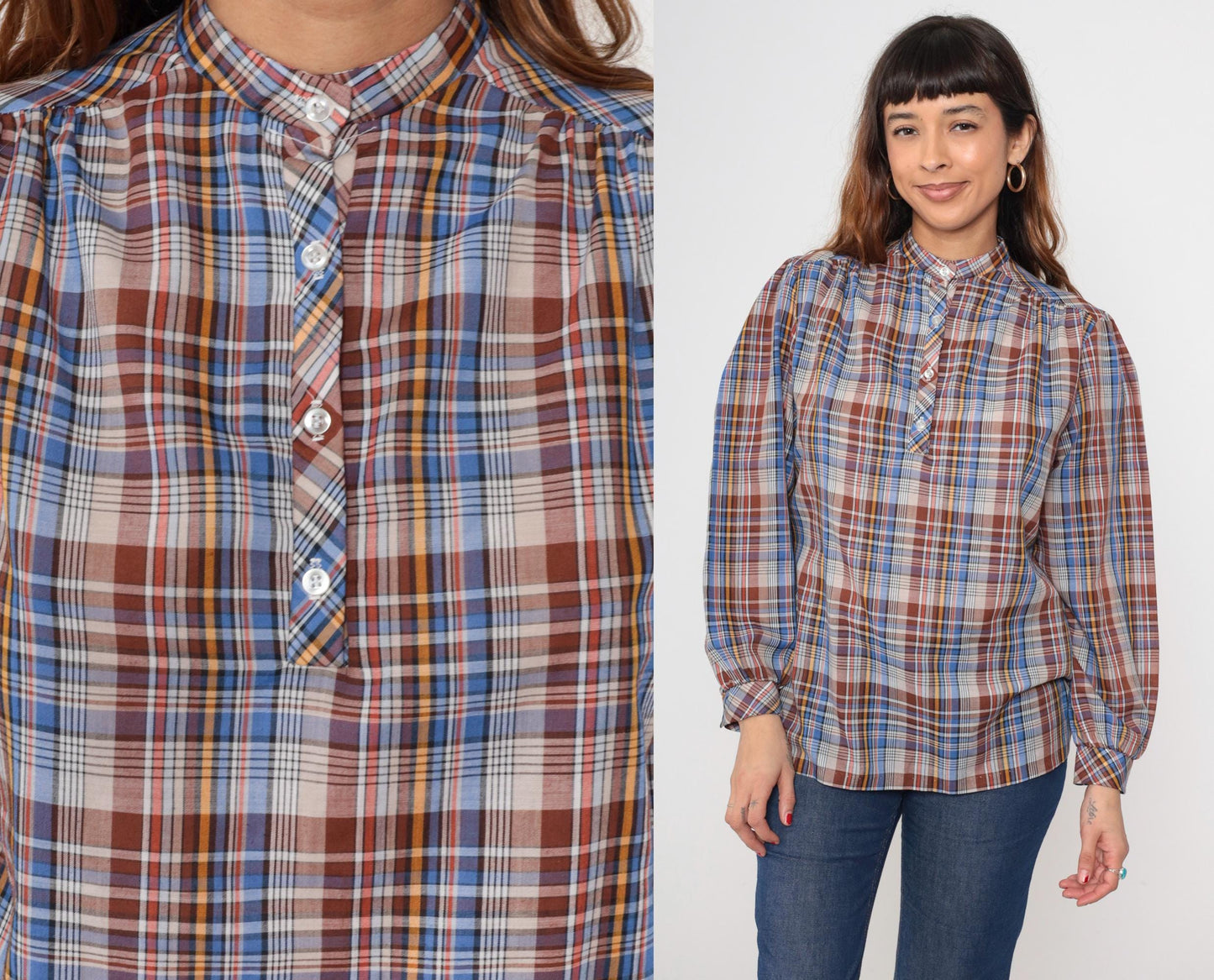 80s Plaid Blouse Mandarin Collar Puff Sleeve Brown Blue Yellow Cotton Medium M