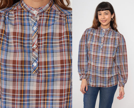 80s Plaid Blouse Mandarin Collar Puff Sleeve Brown Blue Yellow Cotton Medium M