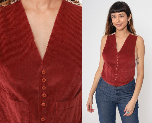 80s Rust Corduroy Vest Paisley Back Deep V-Neck Button Front Medium