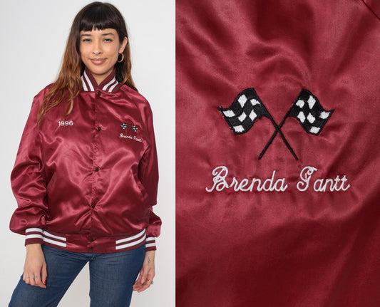 90s Duke City Raceway Maroon Satin Bomber Jacket Embroidered Racing Medium