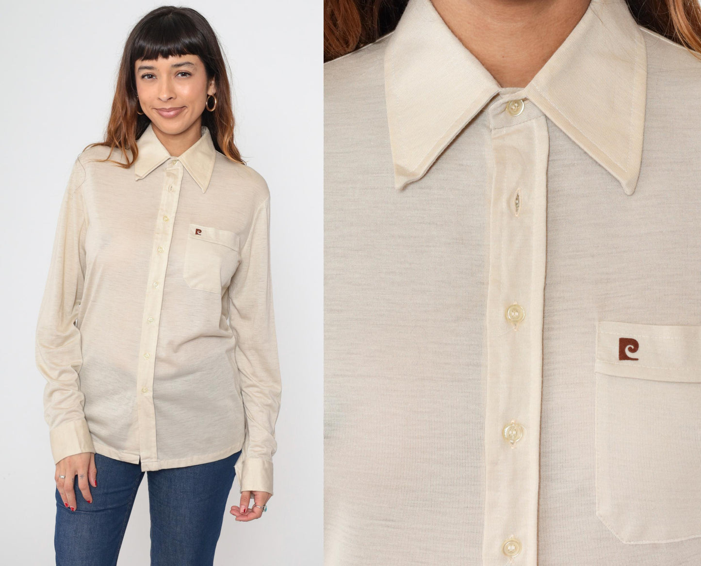 80s Pierre Cardin Beige Dress Shirt Long Sleeve Button Down Point Collar Medium